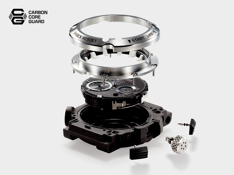 The components of the Casio G-Shock GWF-A1000 wristwatch case shown on top of each other; the following text complements the image: Carbon Core Guard