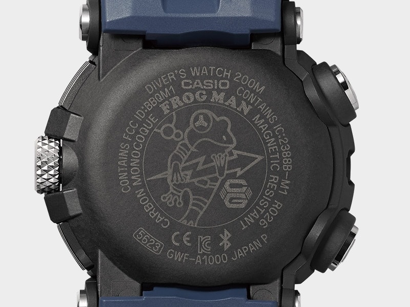 Close-up of the back of the case of a Casio G-Shock GWF-A1000 with the Frogman symbol