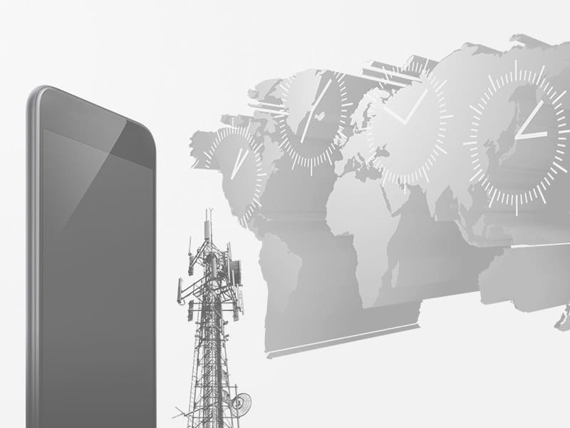 Black and white illustration of a smartphone, a radio tower and the continents with dials