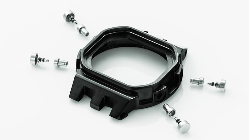 The individual elements of the button structure: buttons, sleeves and cases