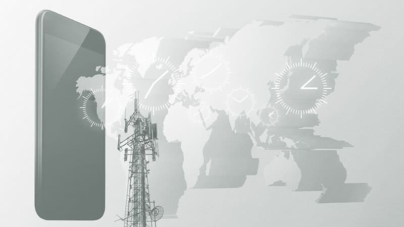 Illustration of a smartphone, a radio tower and a world map with watch faces