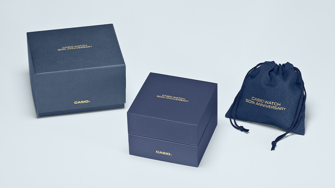 The packaging of the Casio G-Shock GMW-B5000SS consists of an outer box, inner box and cotton bag, each in blue with gold lettering: Casio Watch 50th Anniversary.