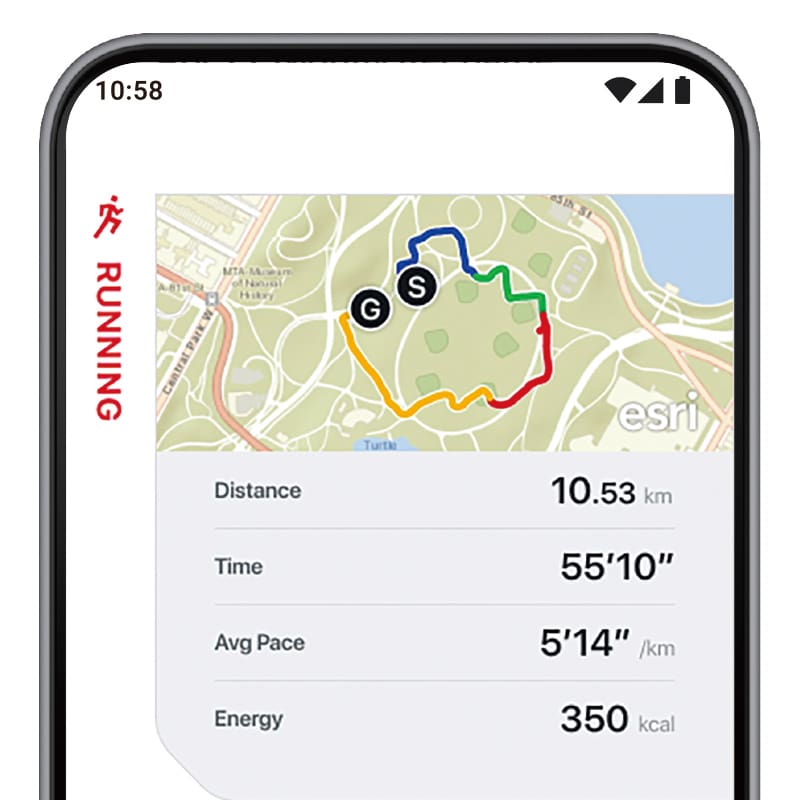 Smartphone display shows running screen with running analysis data