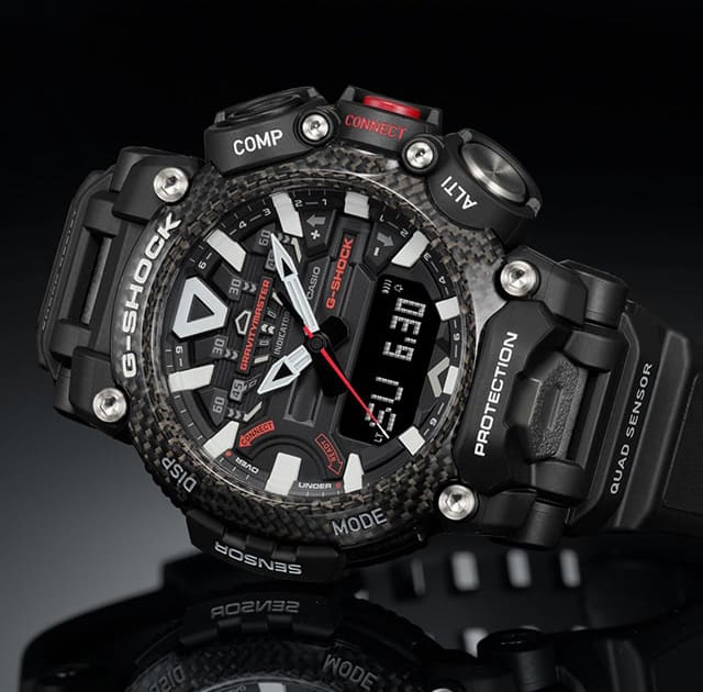 The Casio GR-B200-1A outdoor watch lying on its side