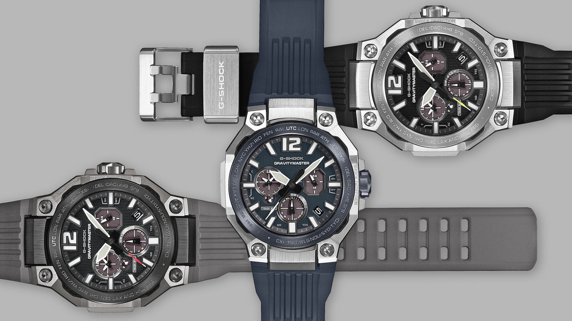 G-SHOCK Gravitymaster watches in black, grey and blue colors. 