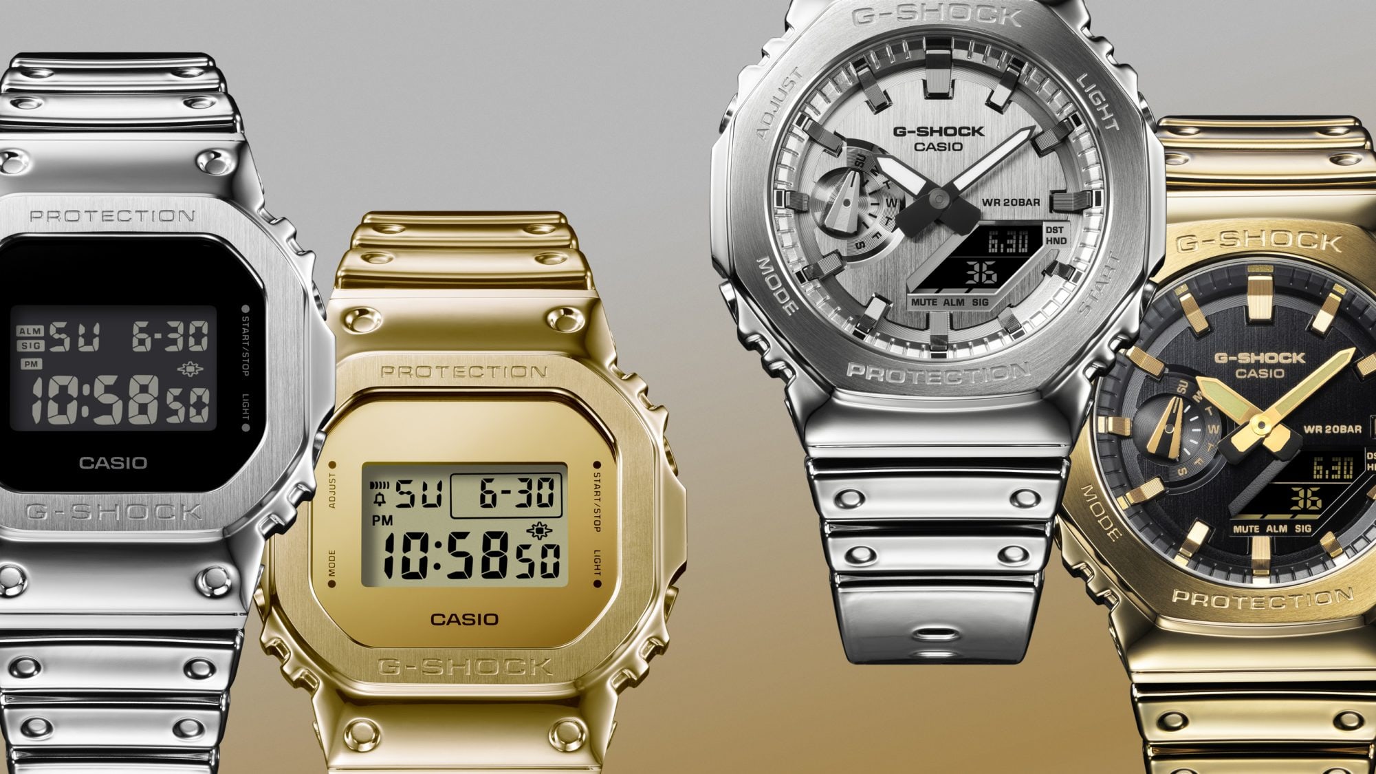 Close-up of the four Fine Metallic Series watches from G-SHOCK, two models in gold and two models in silver.