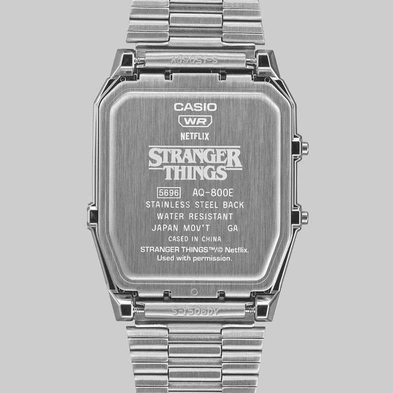 Back engraving of the CASIO Vintage Collection watch AQ-800EST-1A with the Stranger Things logo.