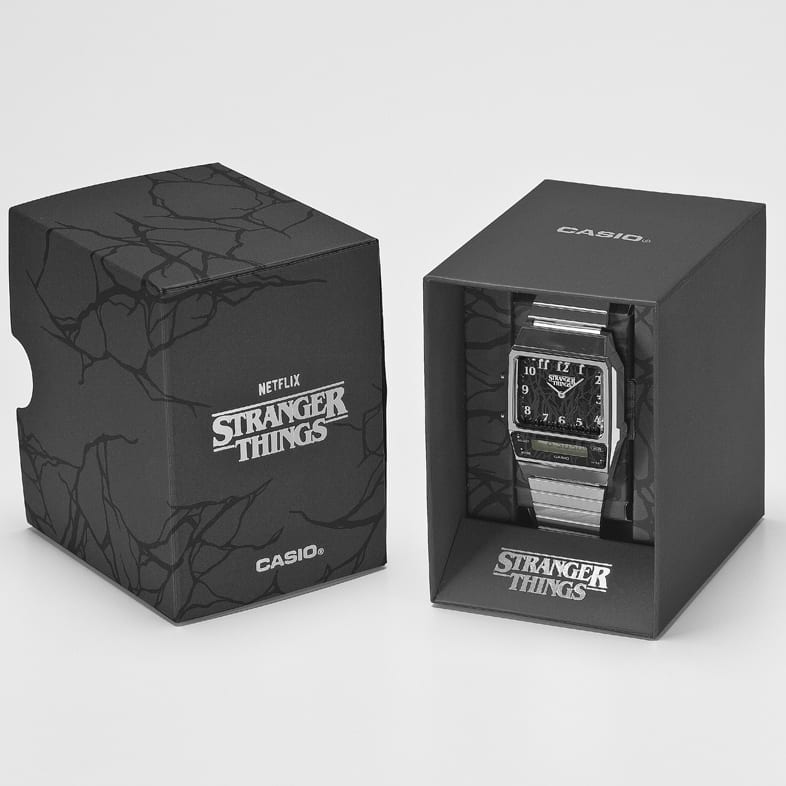 Stranger things branded packaging in black and silver of the AQ-800EST-1A watch.