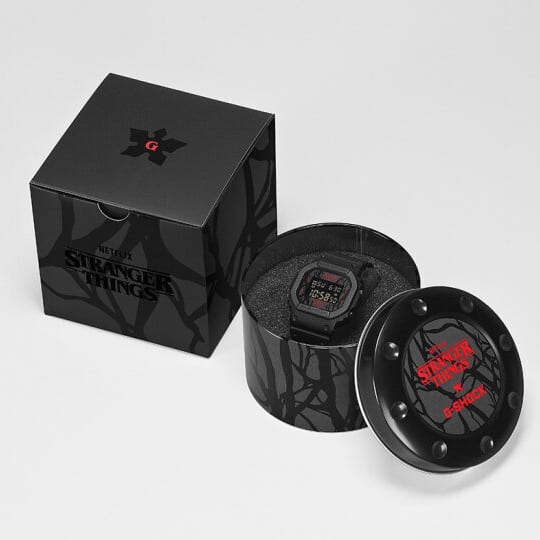 Stranger things branded packaging in black and red of the G-SHOCK DW-5600STT-1A.