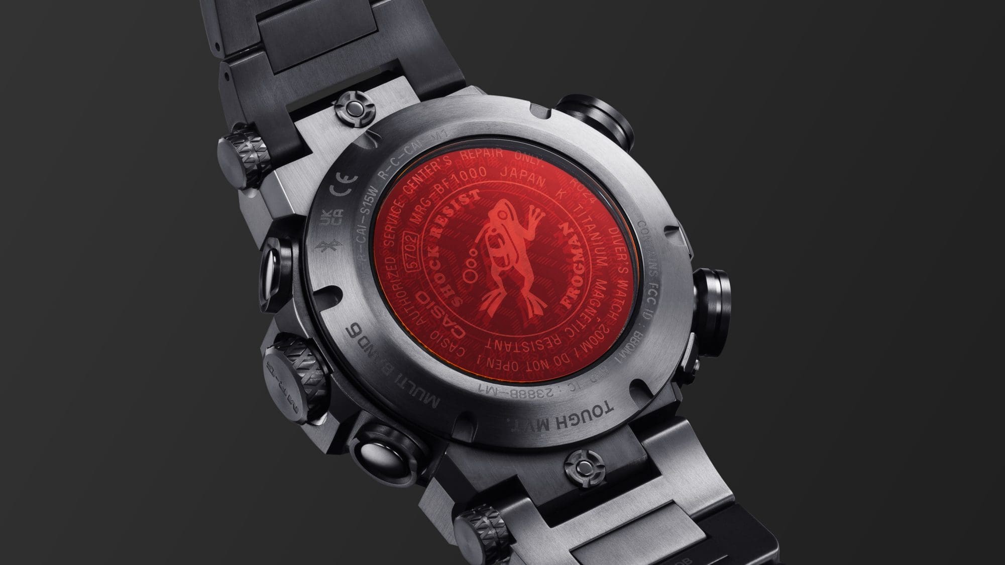 Close-up of the red case back with Frogman engraving