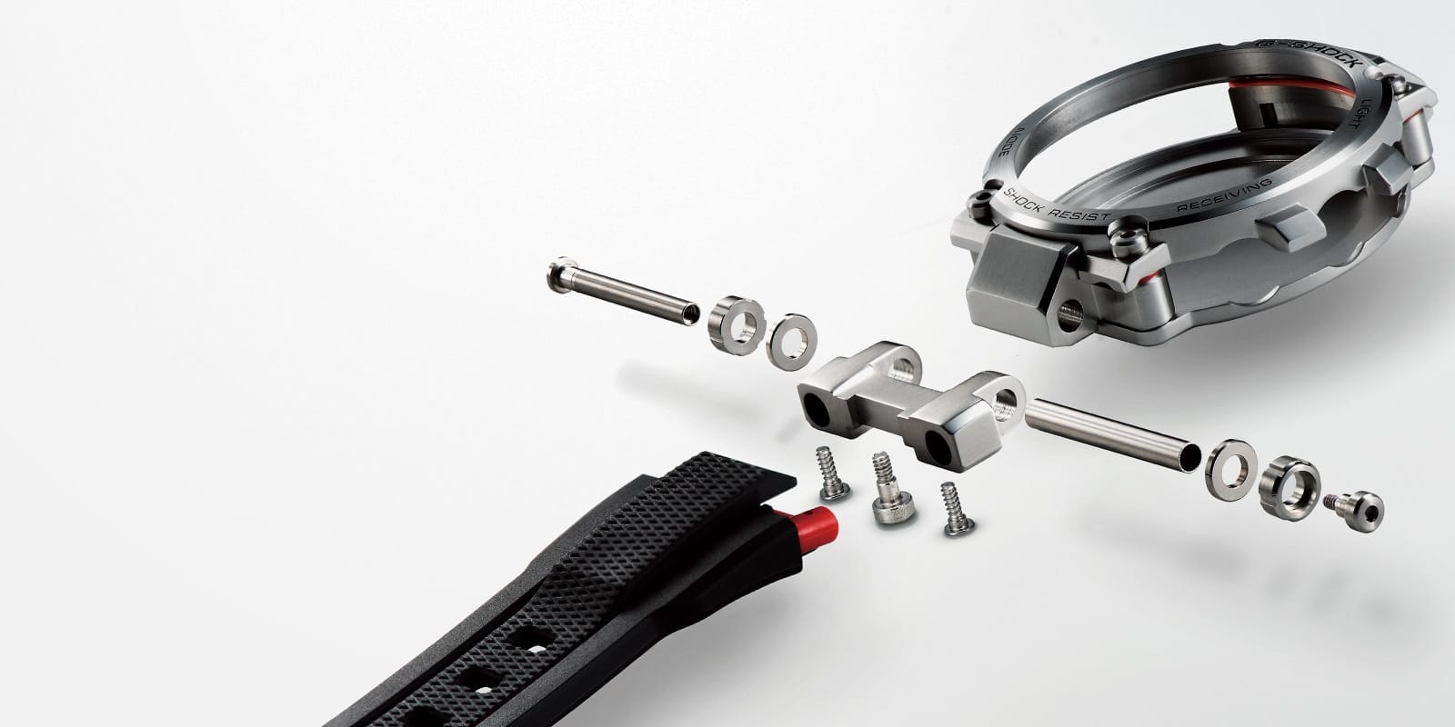 Individual components of the bracelet and case of the MTG-B1000 wristwatch