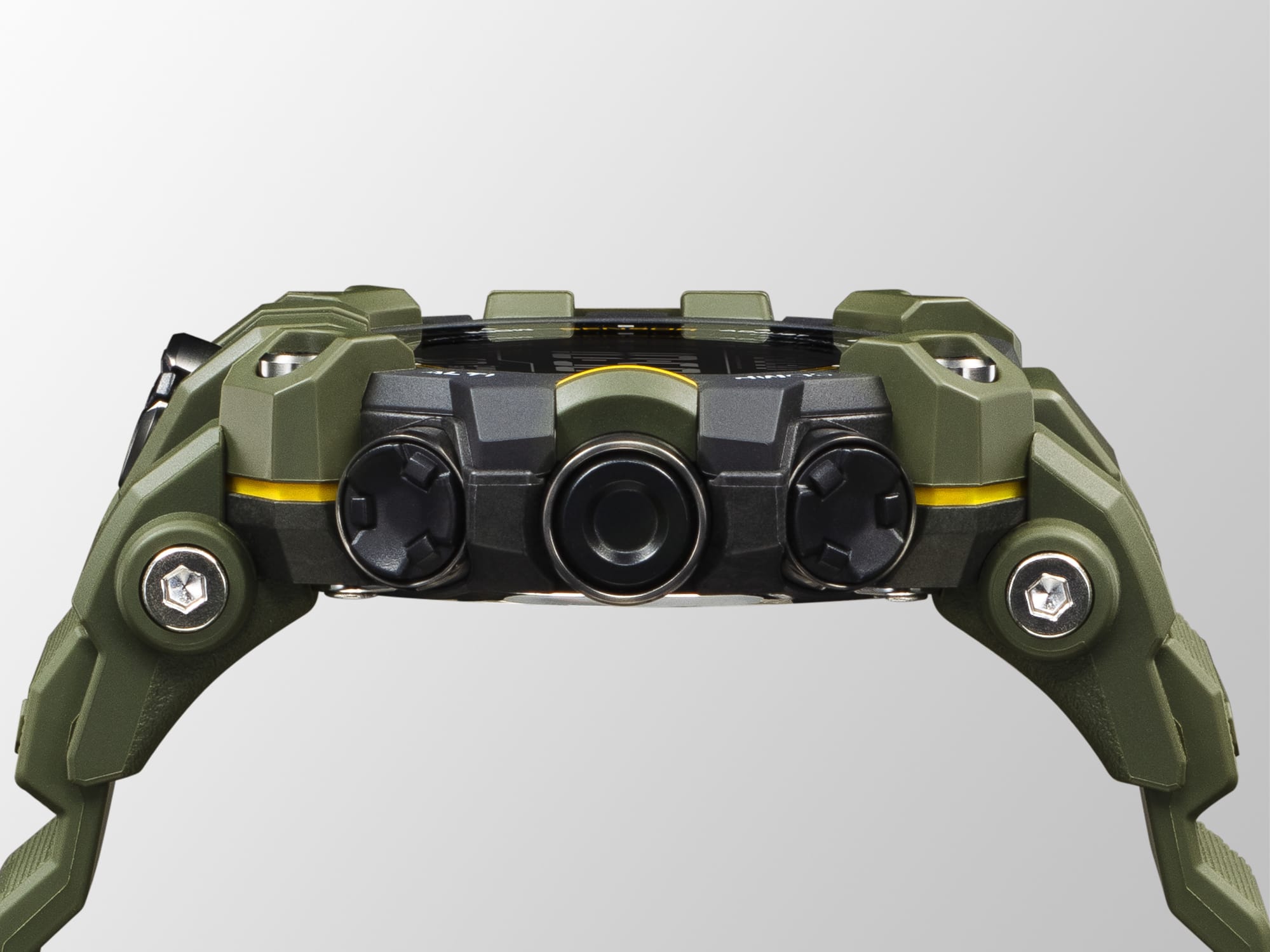 View of the side of the case with its black control buttons and silver-coloured screws