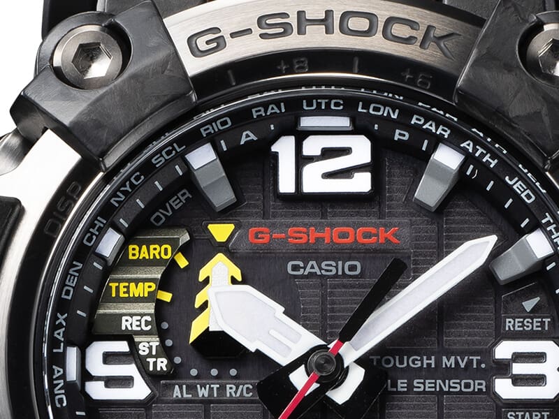 Close-up of the upper half of the dial with mode display at the 9 o'clock position