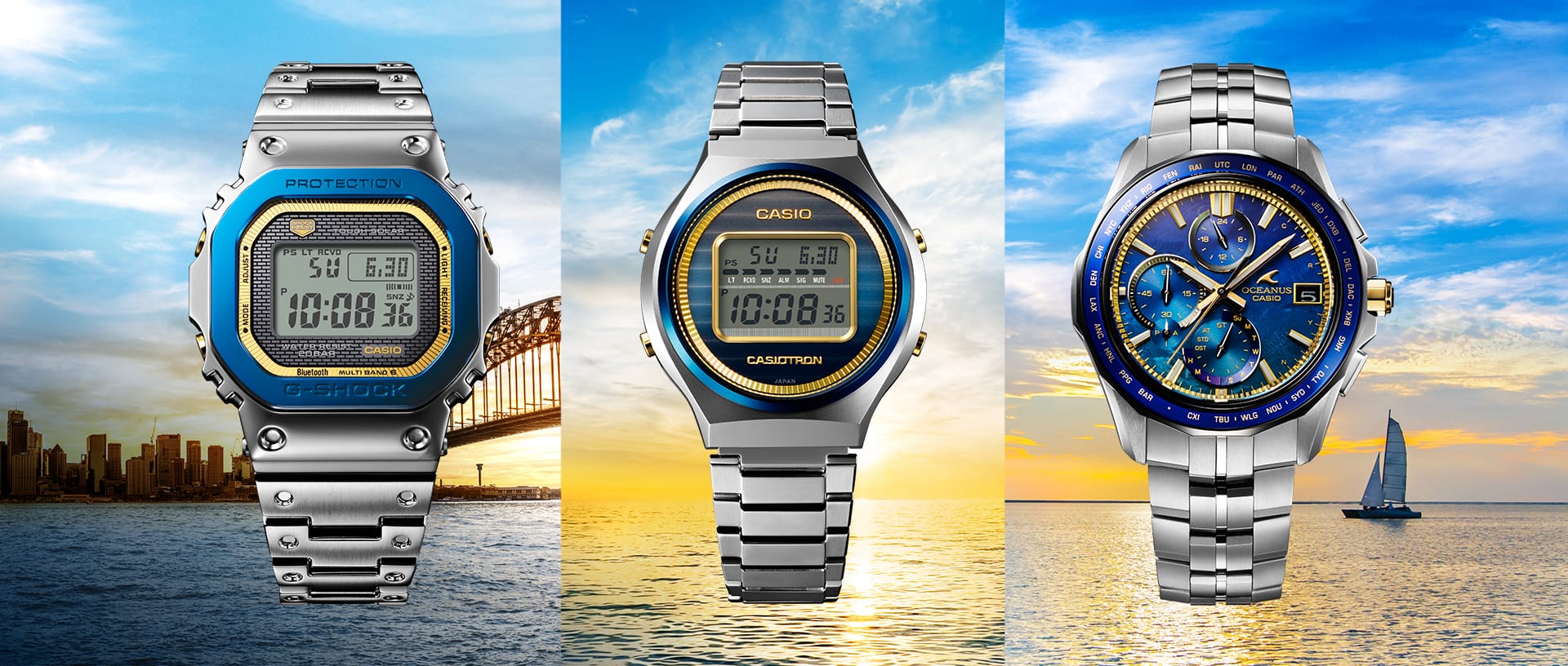 Casio Watches 50th Anniversary Heritage Models. Left to right: GMWB5000SS-2, TRN50SS-2A, OCW-S7000SS-2A