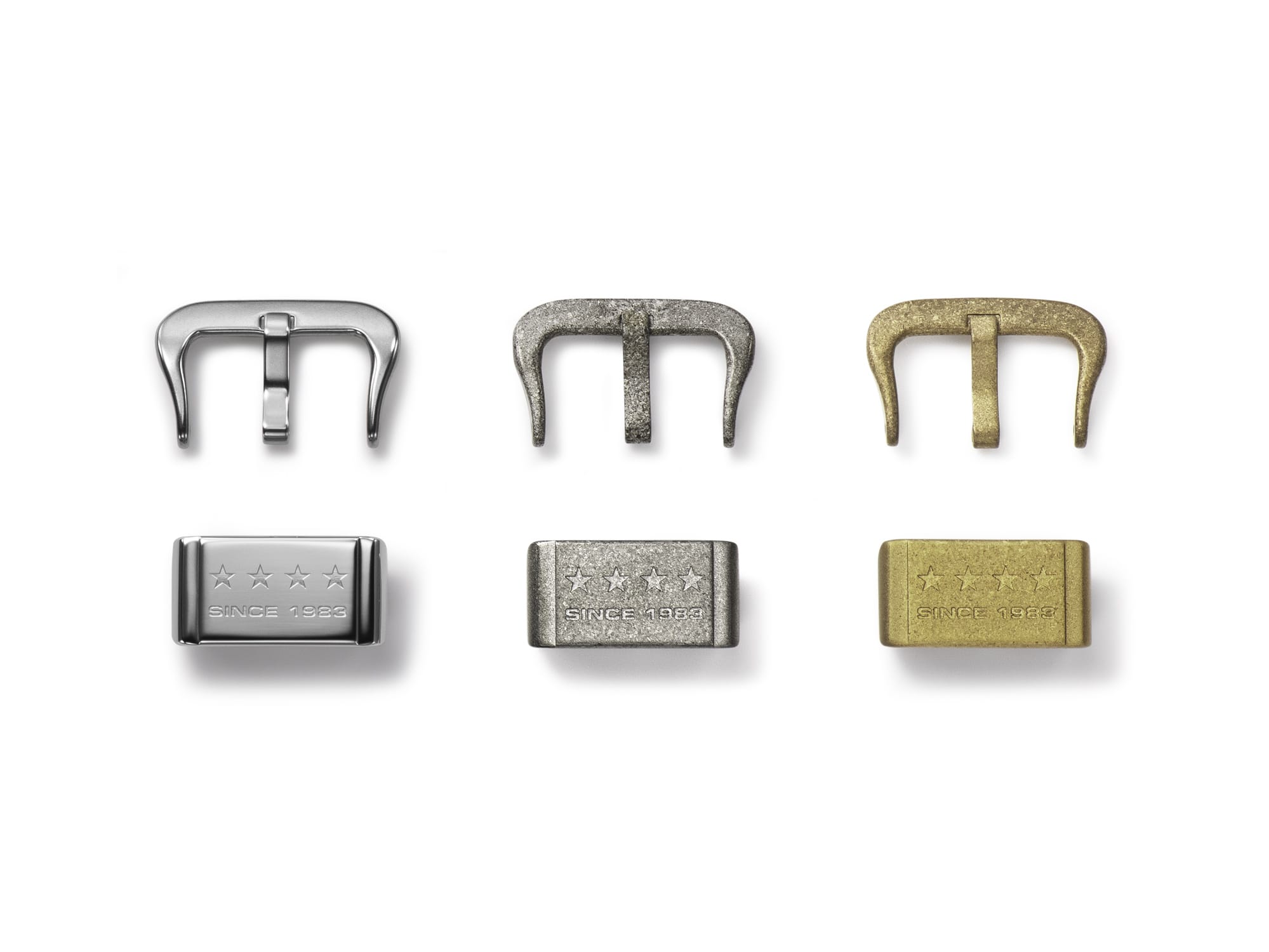Three watch clasps, Ion plated, silver, and marble