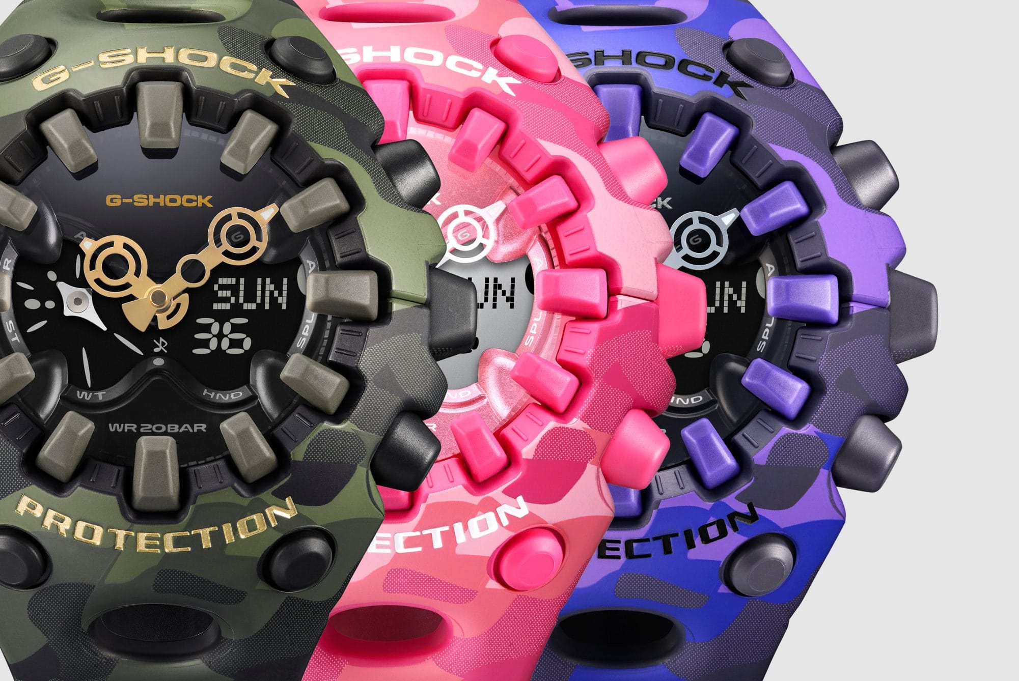 Three color variations: green, pink, and purple