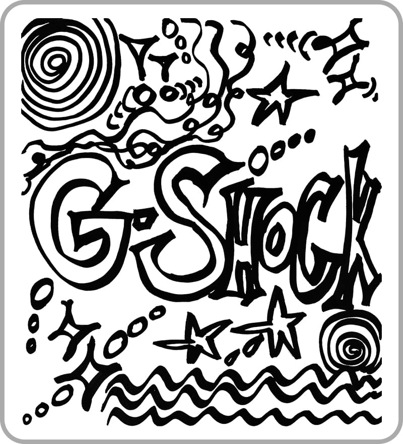 A handwritten illustration with G-SHOCK on center by XG.