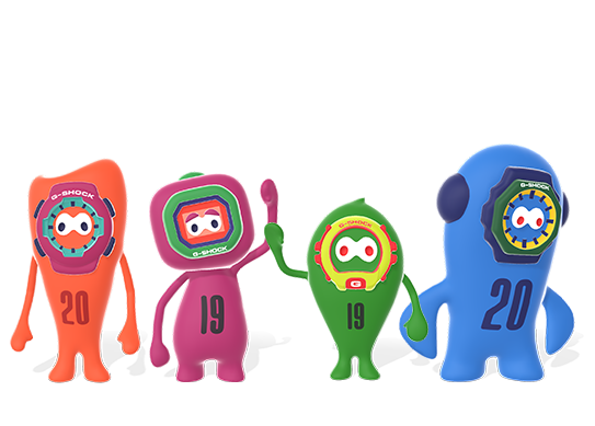 Four G-SHOCK characters standing side by side.