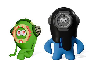 Four G-SHOCK characters standing side by side.