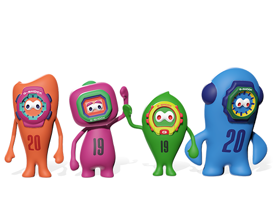 Four G-SHOCK characters are standing side by side.
