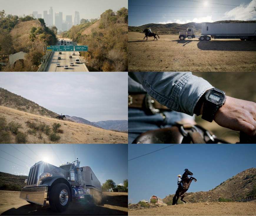A collage of photos showing the vast desert ranch near Vasquez Rocks Park and a semi-trailer truck.
