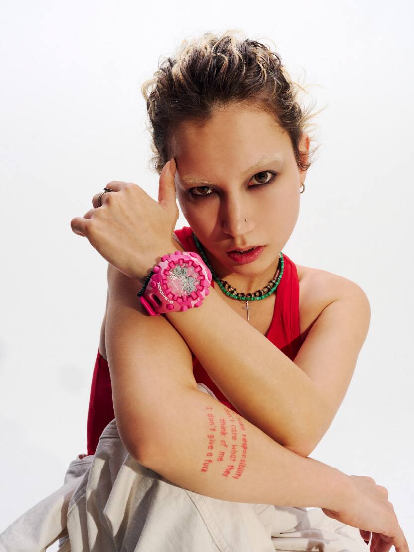 GA-V01CMG-4A pink camouflage G-SHOCK on wrist