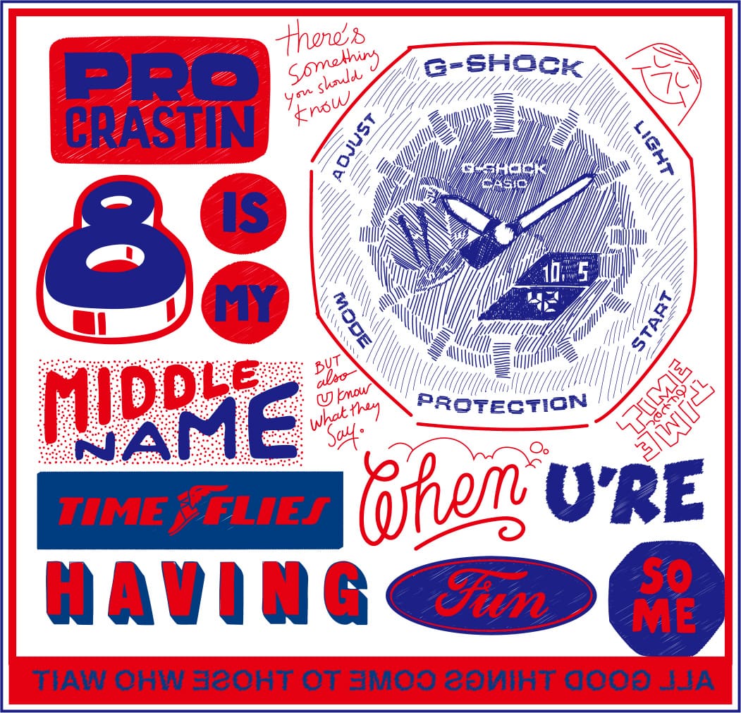 Graphic poster artwork featuring G-SHOCK and bold typography.