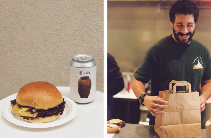 This is a photo of smash burgers being cooked on a grill at Dumbo Marais.