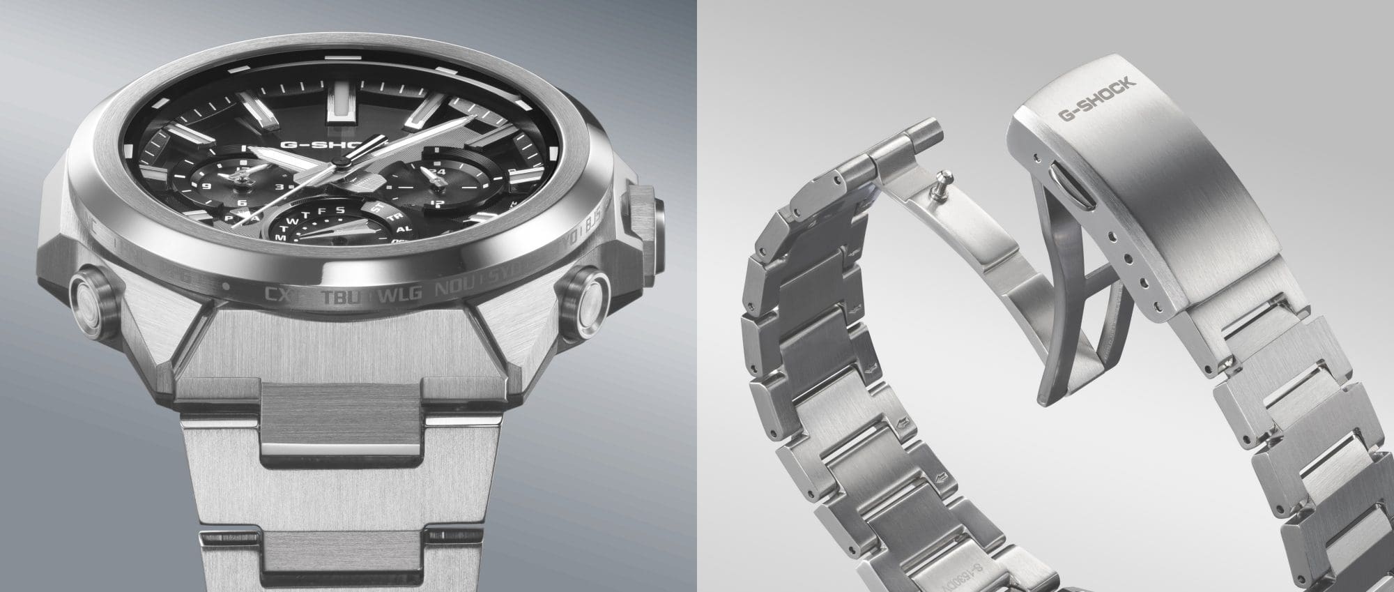 Rendering of the GST-W1000D-1A, featuring a stainless steel case with four different finishes