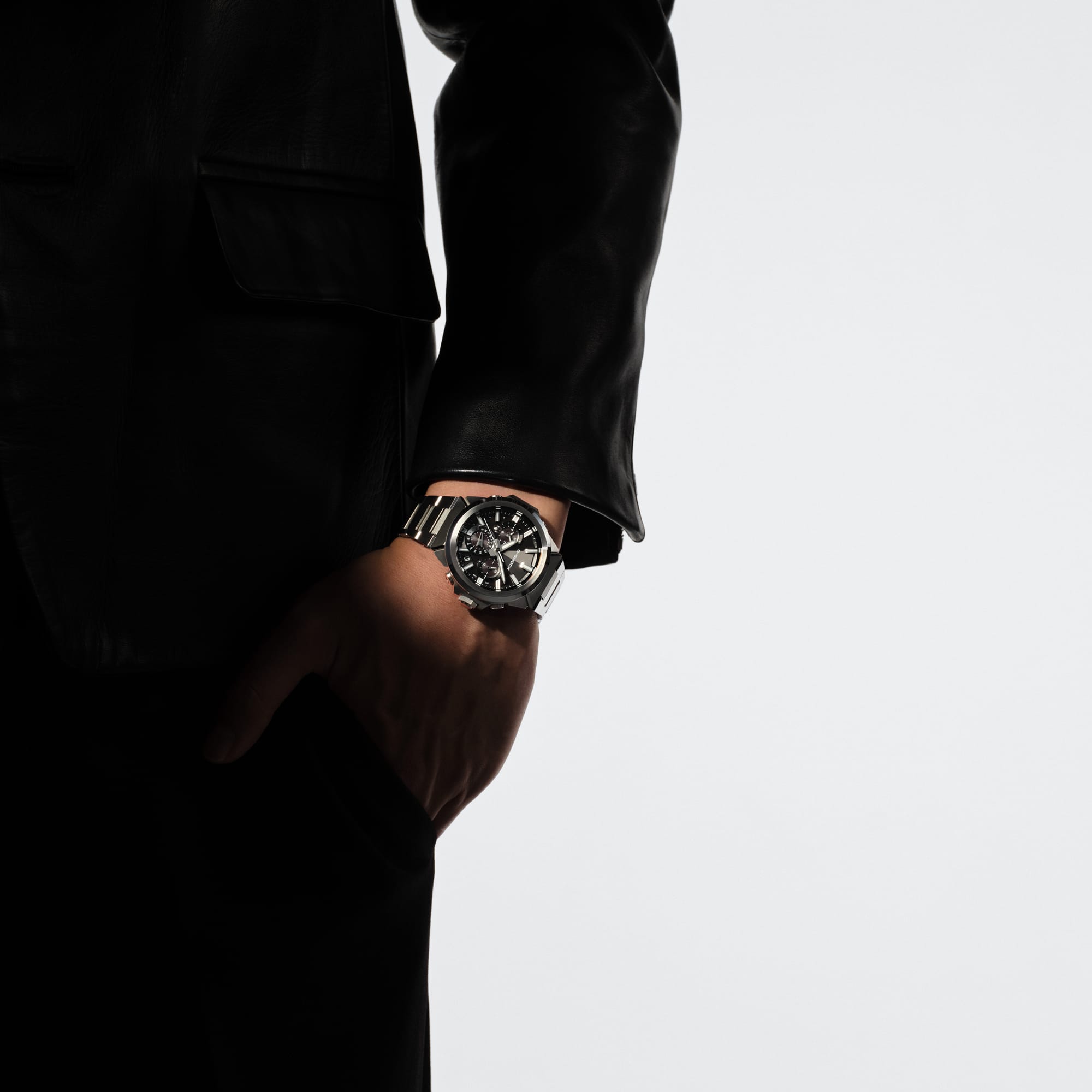 A close-up photo of a wrist wearing the GST-W1000D-1A with the hand in a pocket.