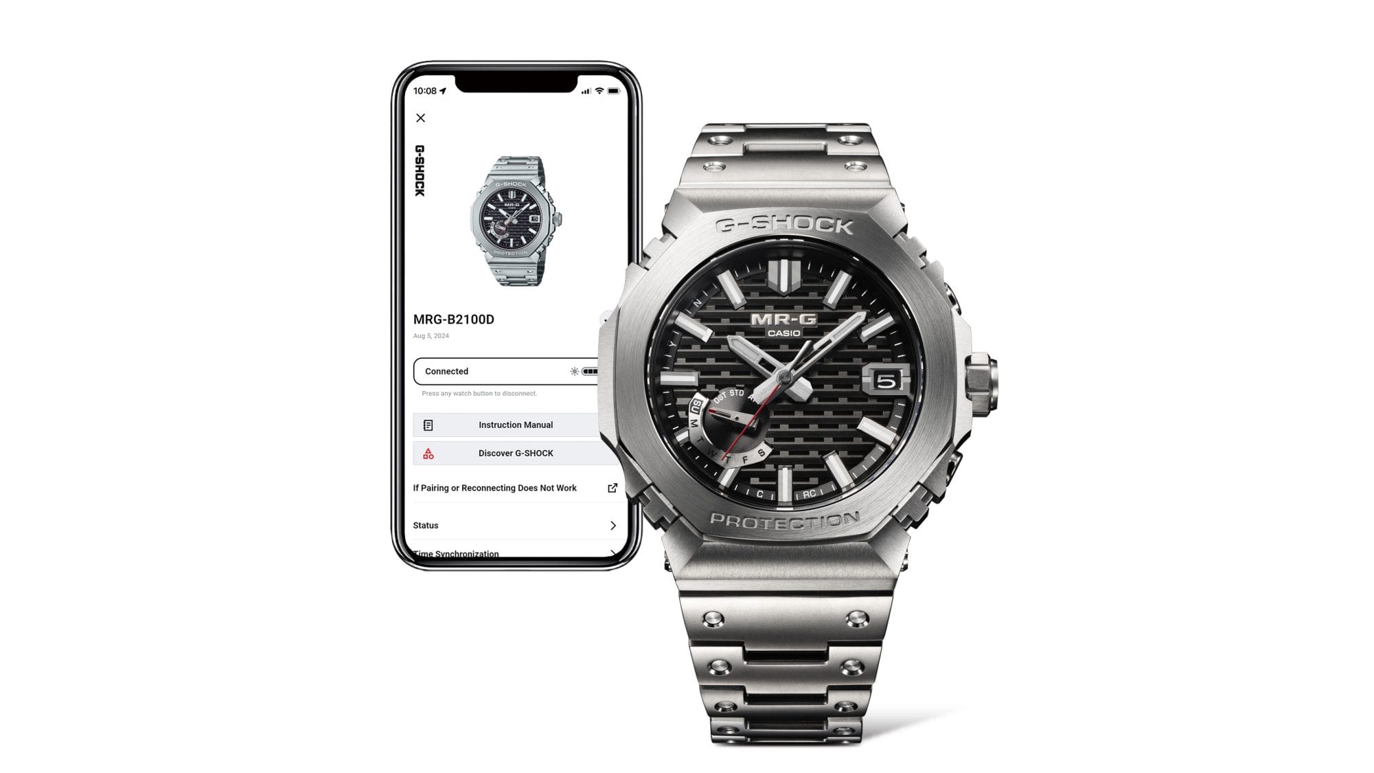 G-SHOCK MRGB2100D-1A titanium watch next to a smartphone denoting connectivity with a smartphone G-SHOCK MRGB2100D-1A titanium watch next to a smartphone denoting connectivity with a smartphone