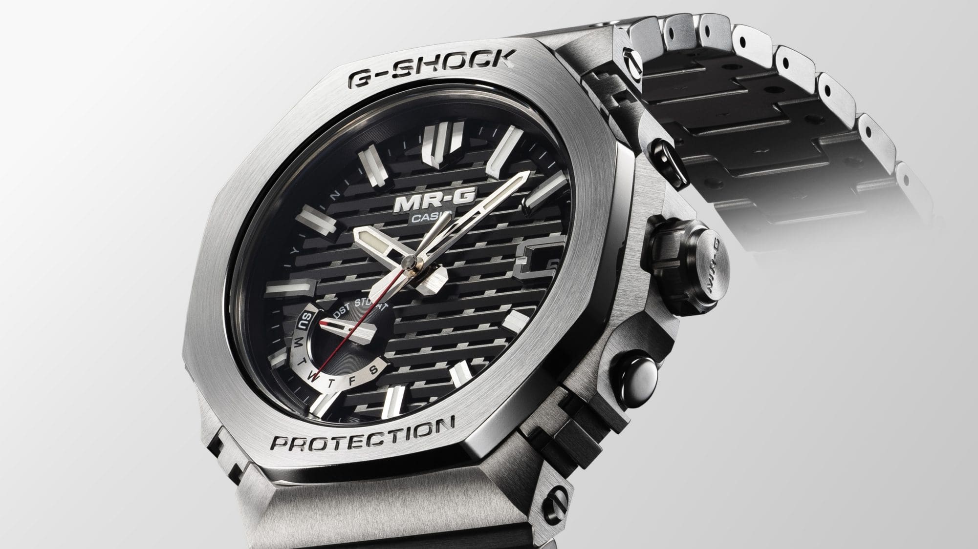 G-SHOCK MRGB2100D-1A titanium watch close up of the watch face and case denoting style