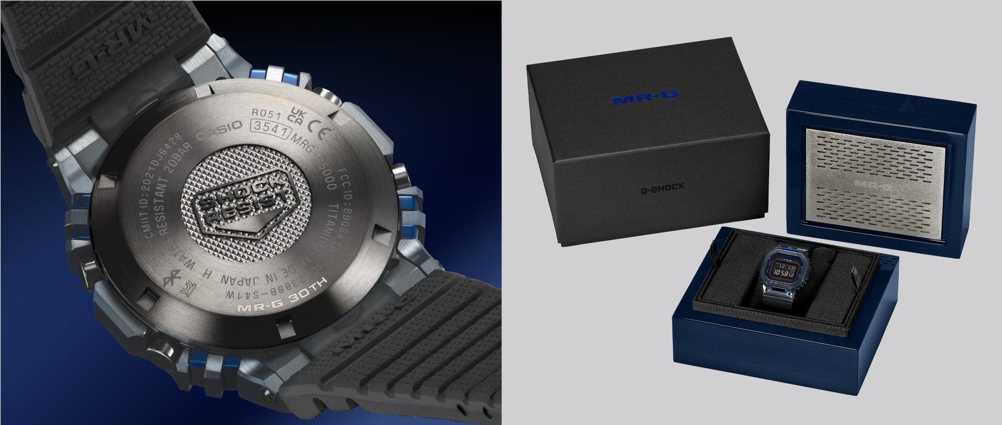 The MR-G 30th Anniversary logo is engraved on the back of the case, and the commemorative packaging is also featured.