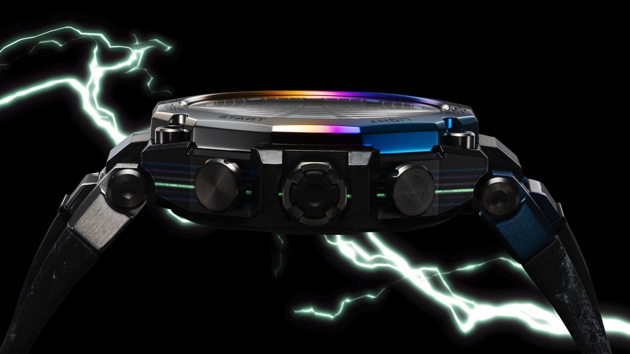 Multi-layered carbon frame design captures a flash of lightning amid low-hanging, stormy clouds