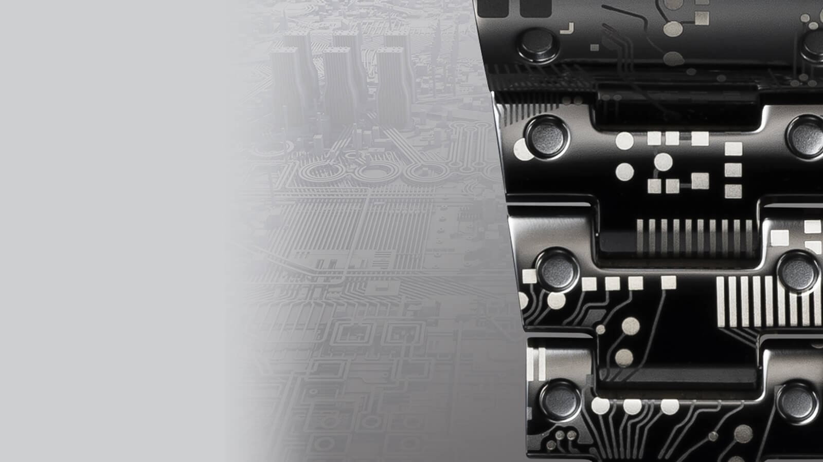 Titanium watch band of the GMWB5000TCC-1 on a 3D circuit board relief model