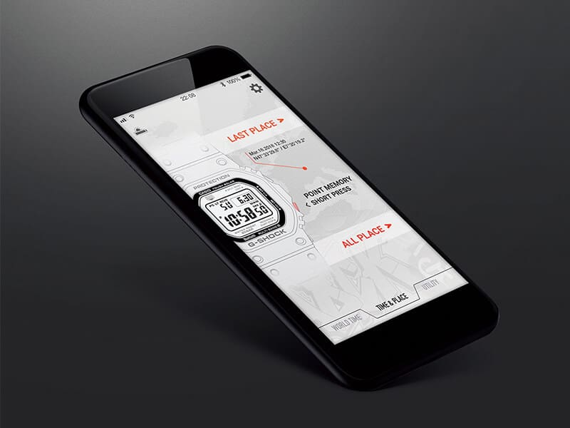 A smartphone displaying the app for the G-SHOCK GMWB5000TCC-1 titanium watch A smartphone displaying the app for the G-SHOCK GMWB5000TCC-1 titanium watch