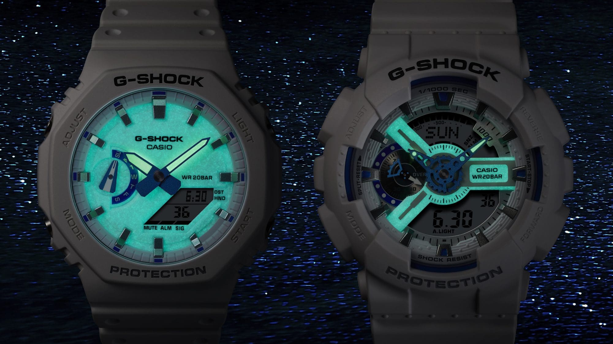 Blue phosphorescent face inspired by the enchanting glow of bioluminescent plankton