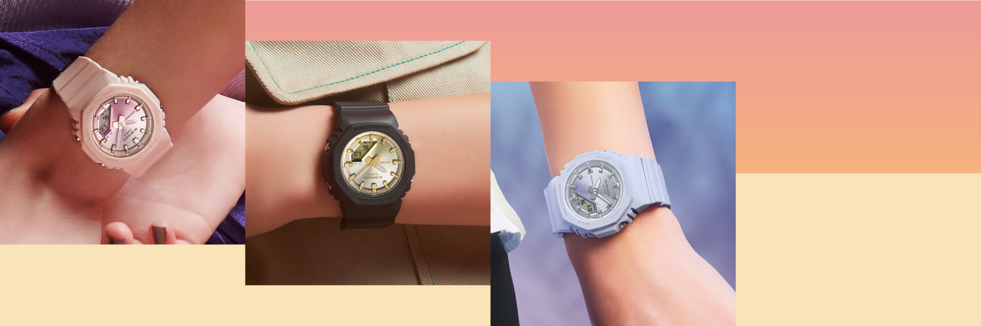 Montage of three images: close up of all three watches in the Sunset Glow collection on a woman’s wrist Montage of three images: close up of all three watches in the Sunset Glow collection on a woman’s wrist