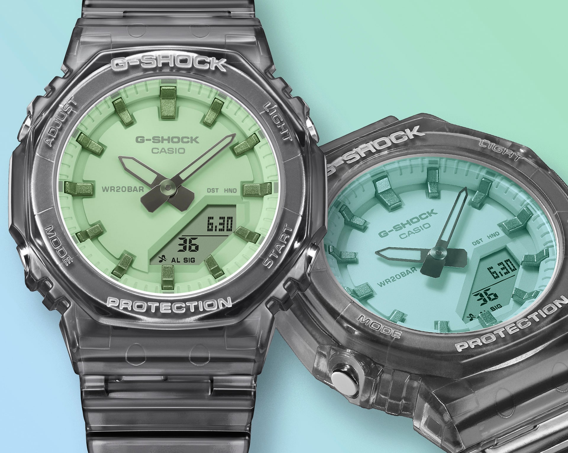 Image of the GMA-P2100SR-1A showcasing its see-through design featuring a bezel and band made of fully glass-coated and semi-transparent resin that changes expression depending on the viewing angle