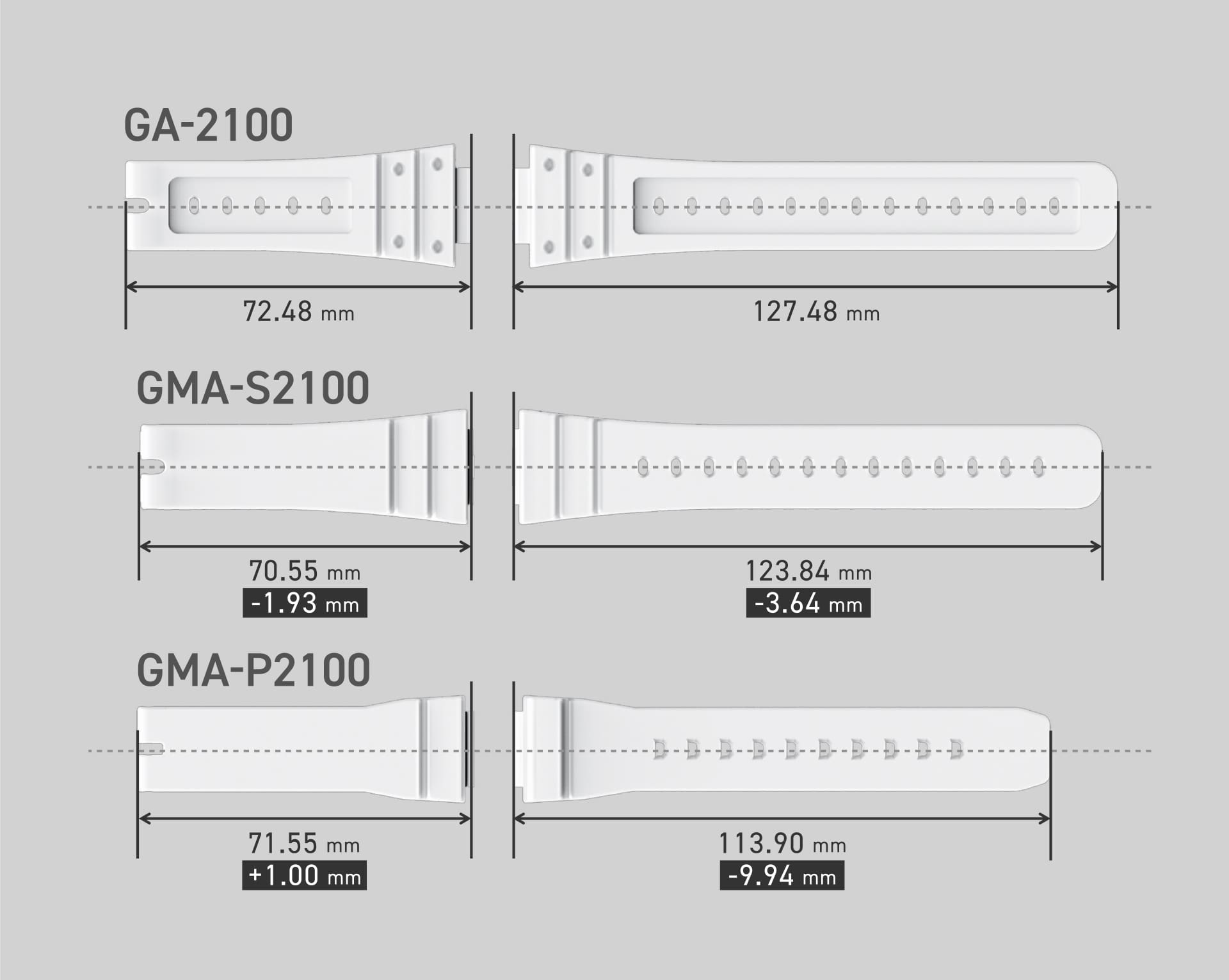 Band Size Comparison Images for GA-2100, GMA-S2100, and GMA-P2110