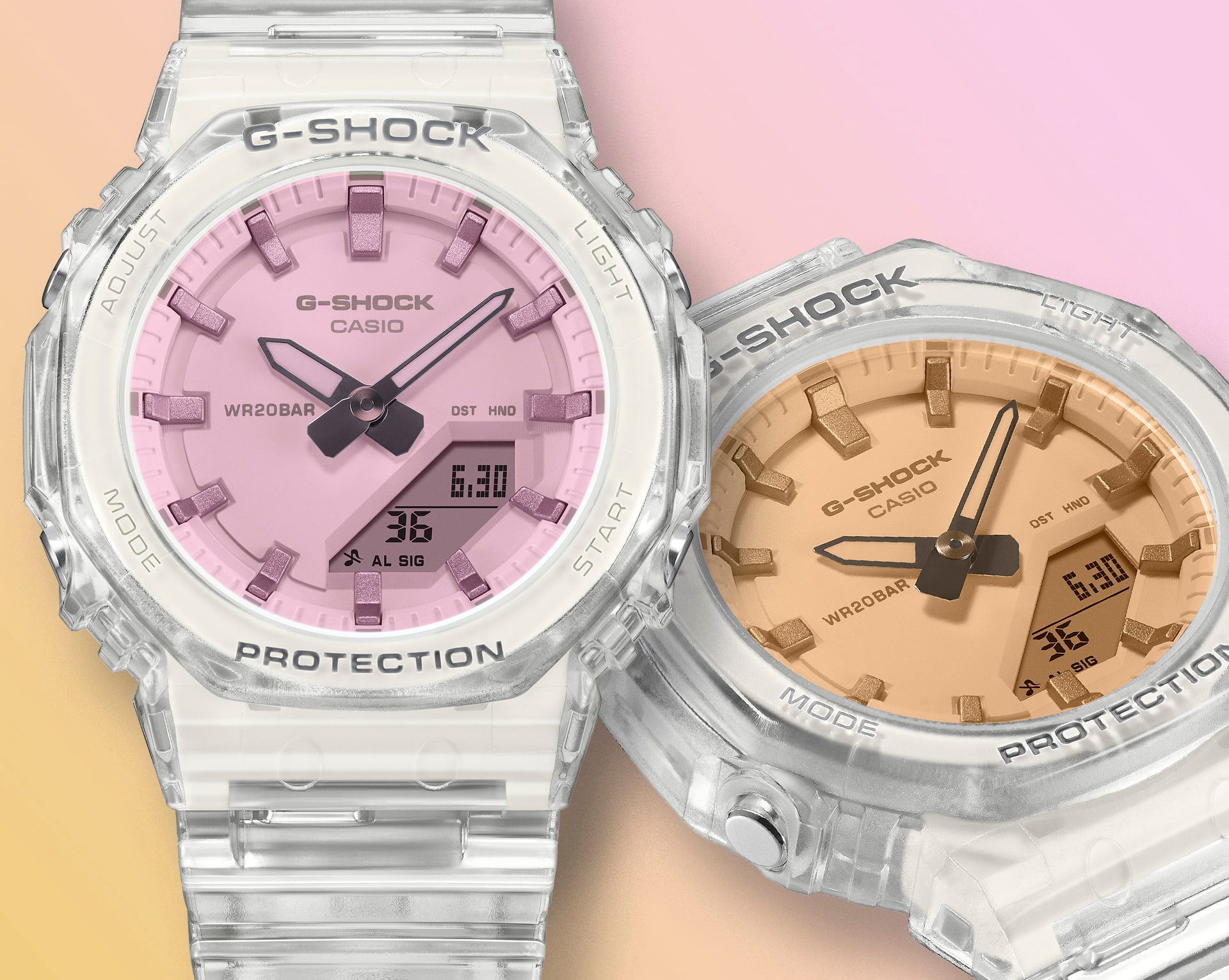 Image of the GMA-P2100SR-7A showcasing its see-through design featuring a bezel and band made of fully glass-coated and semi-transparent resin that changes expression depending on the viewing angle