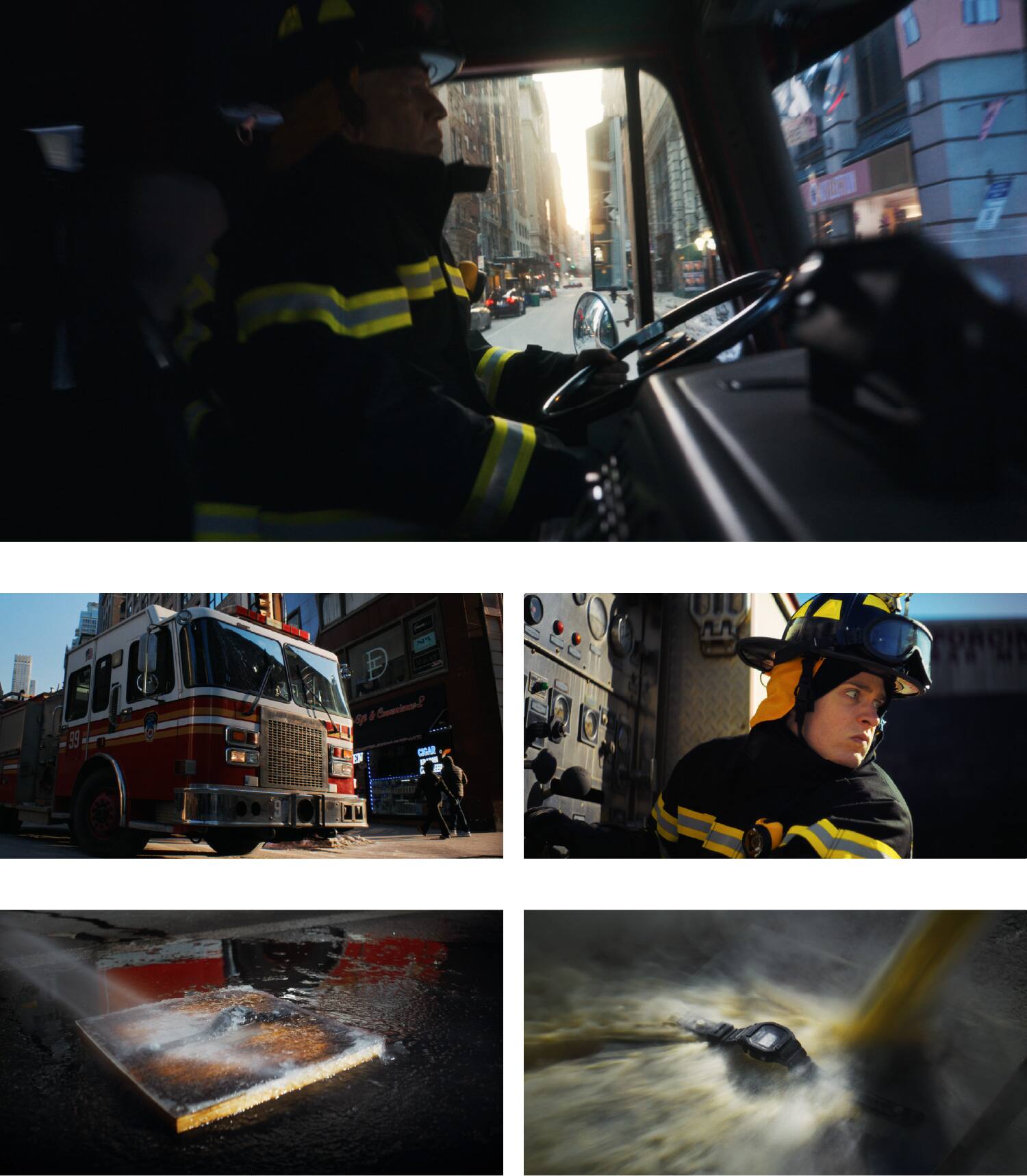 Un bombero conduce un camión de bomberos por las calles de la ciudad de Nueva York.
