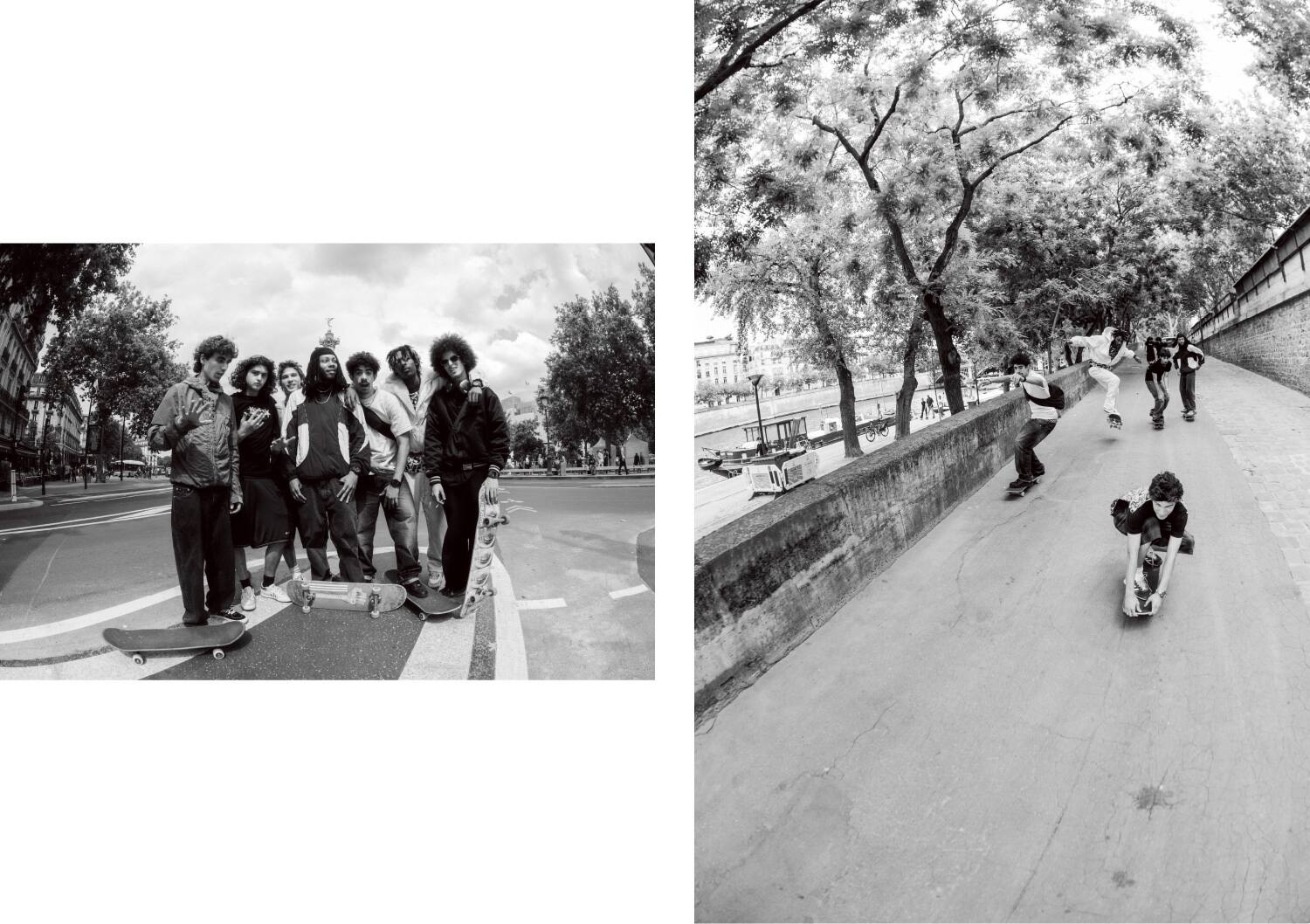 Un grupo de jóvenes parisinos reunidos en una calle, en representación de la comunidad de la cultura del skate y la calle de la ciudad.