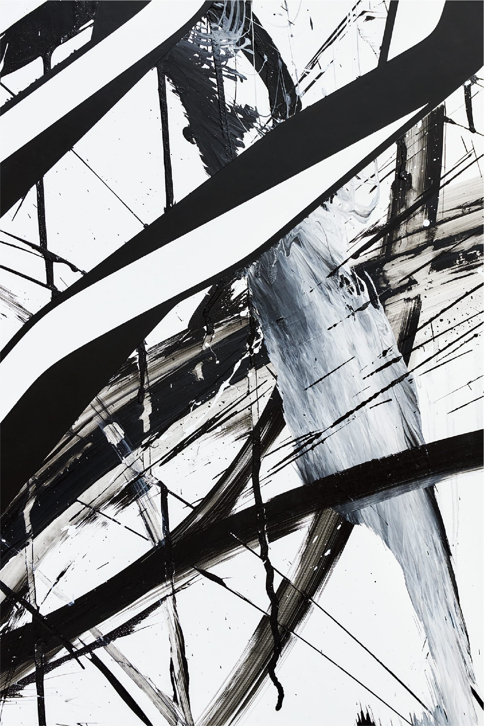 Obra de arte abstracto en blanco y negro de Enrico Isamu Oyama.