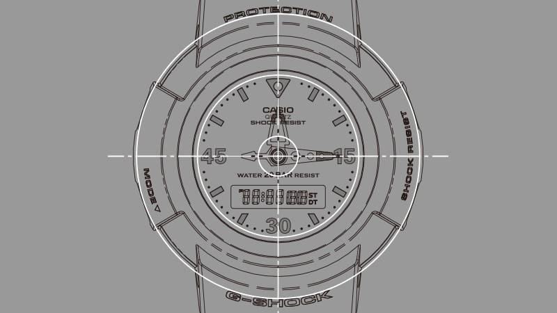 Esquema de un modelo de serie AW-500, una cruz blanca sobre la esfera y el bisel ilustra la forma absolutamente redonda