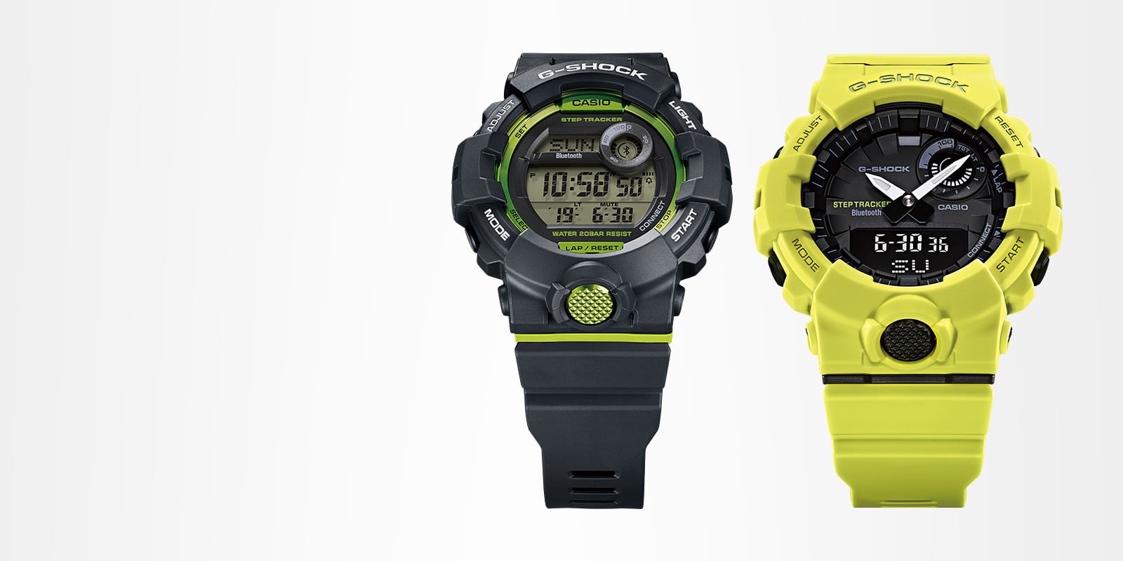 El G-Squad GBD-800-8 negro con detalles en amarillo junto a un reloj híbrido amarillo neón con esfera negra