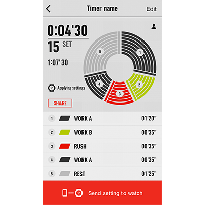 Un set de entrenamiento en la aplicación G-SHOCK Connected, listo para enviar al reloj