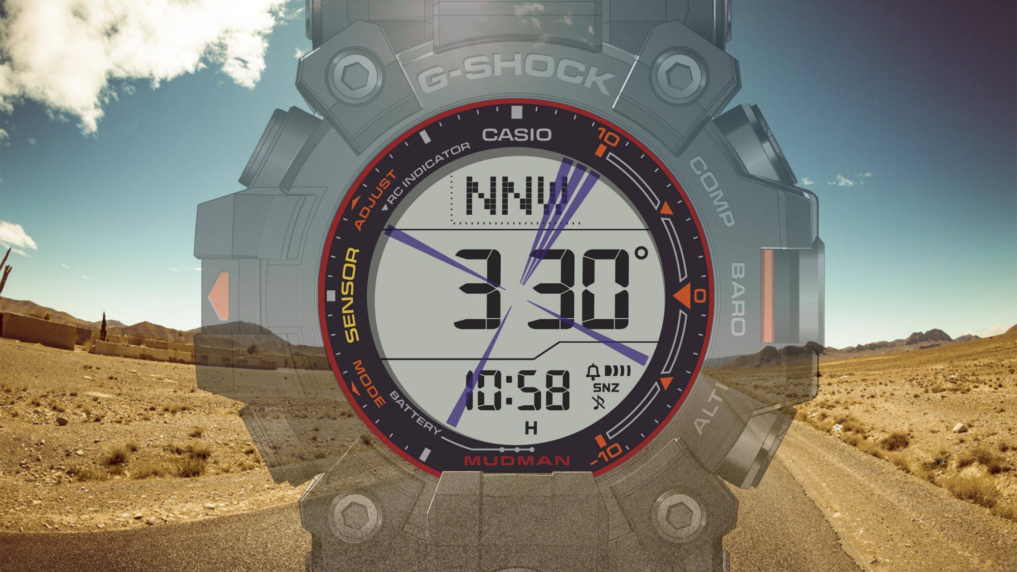 La pantalla del reloj multifunción GW-9500MEC-1 muestra datos de la brújula, en el fondo: una pradera