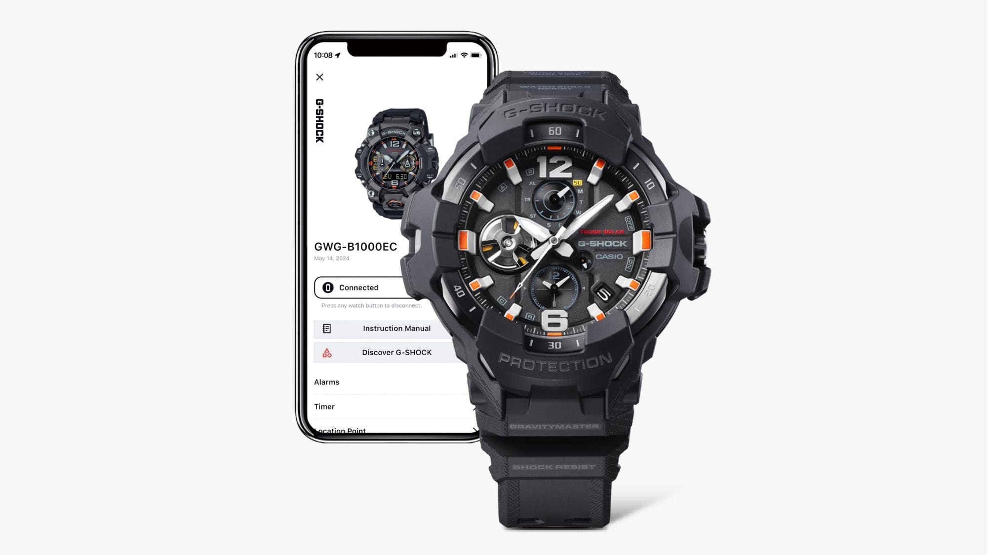 El reloj Gravitymaster GR-B300EC-1A Bluetooth® delante de un smartphone, en cuya pantalla se puede ver información sobre el reloj