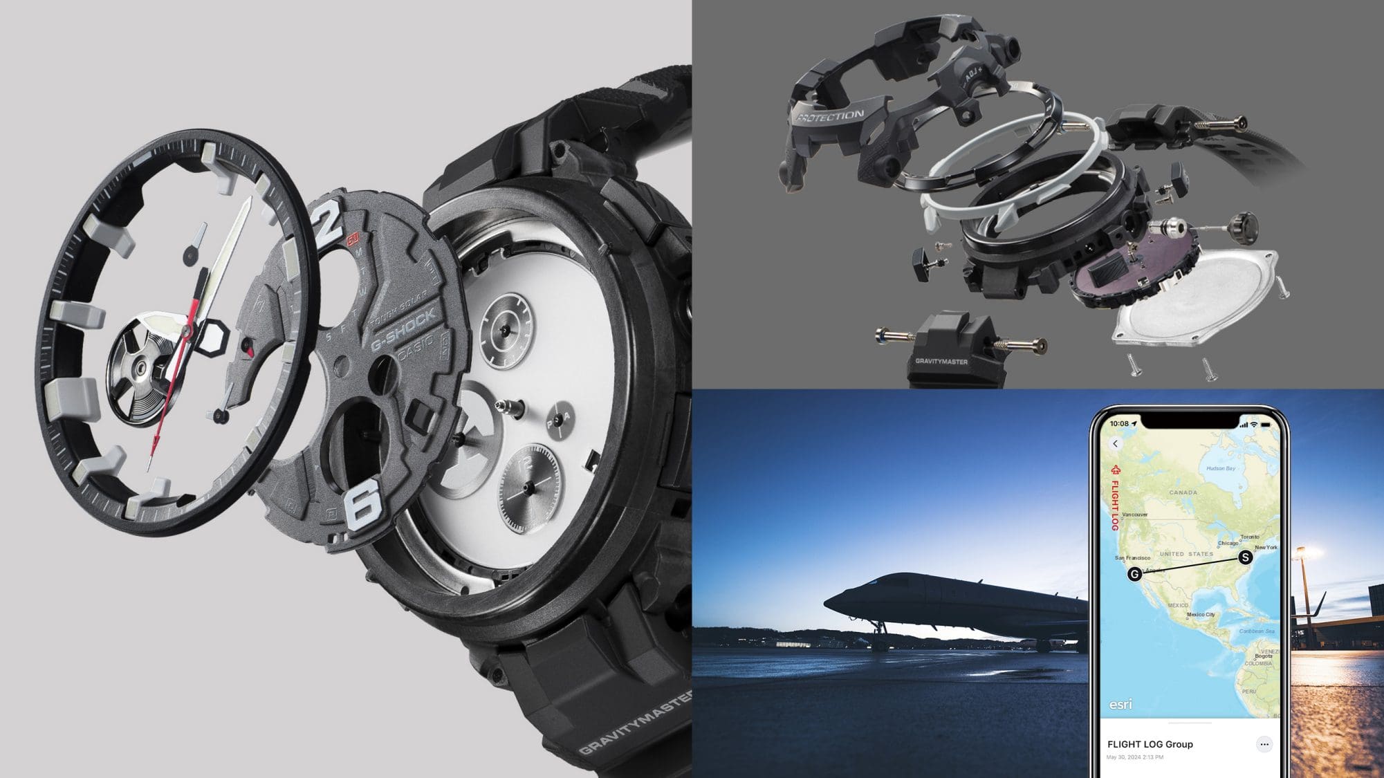 Izquierda: las distintas capas de la esfera del reloj Bluetooth® GR-B300EC-1A; arriba a la derecha: los componentes del reloj de pulsera separados entre sí; abajo a la derecha: un smartphone con la pantalla Flight Log y, al fondo, una pista de aterrizaje con un avión